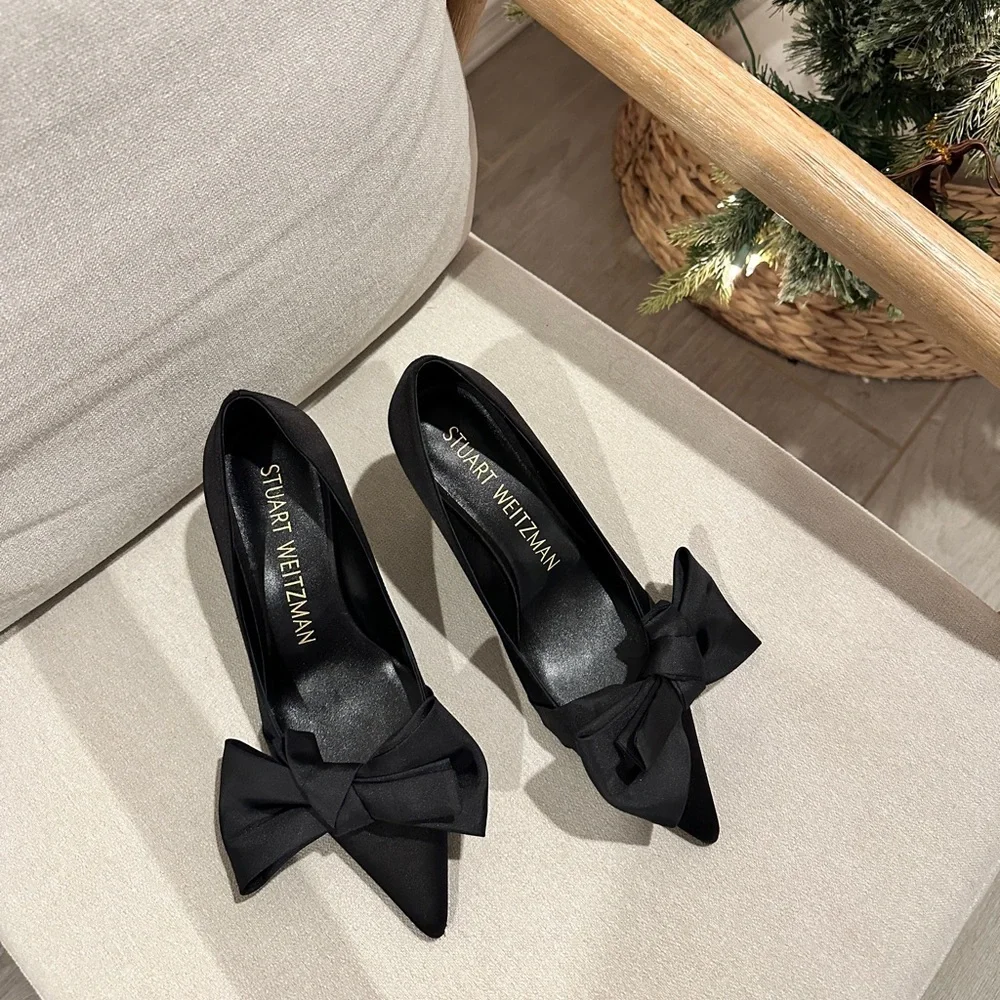 NEW Stuart Weitzman Loveknot Black Satin Bow Heels - Picture 14 of 14